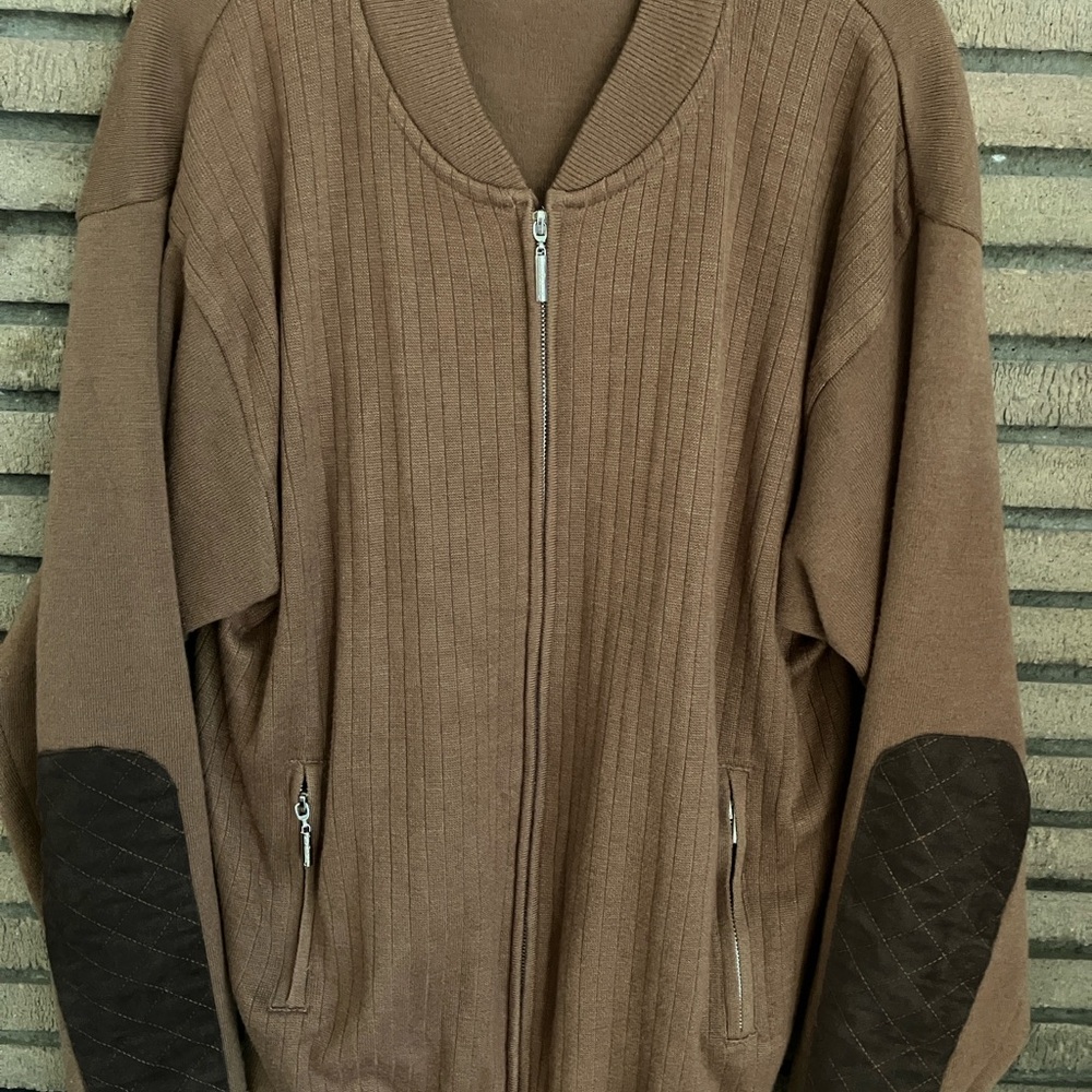 Silver silk  Rich Camel Knit Cardigan Elbow Patches Size XL Rayon Blend